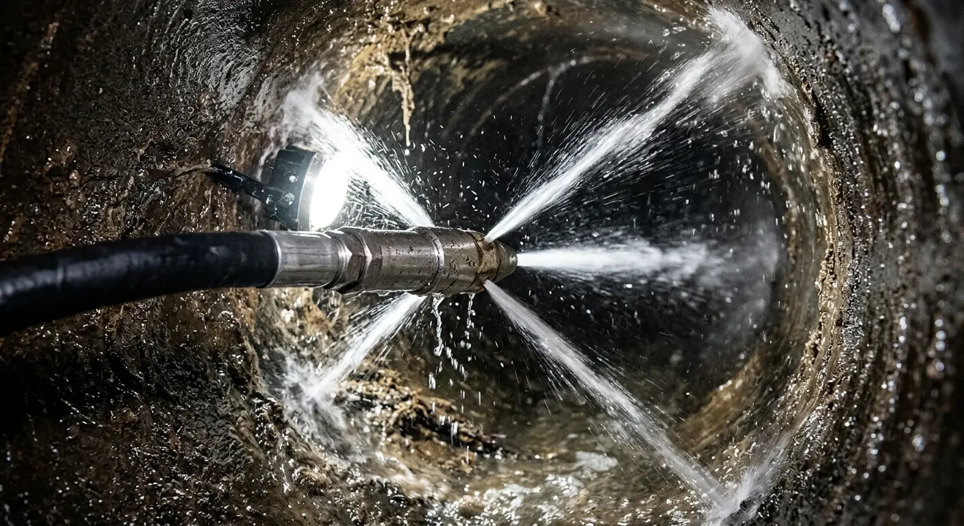 High-pressure hydro jetting nozzle cleaning sewer pipe for Sewer Cleanout in Hatfield