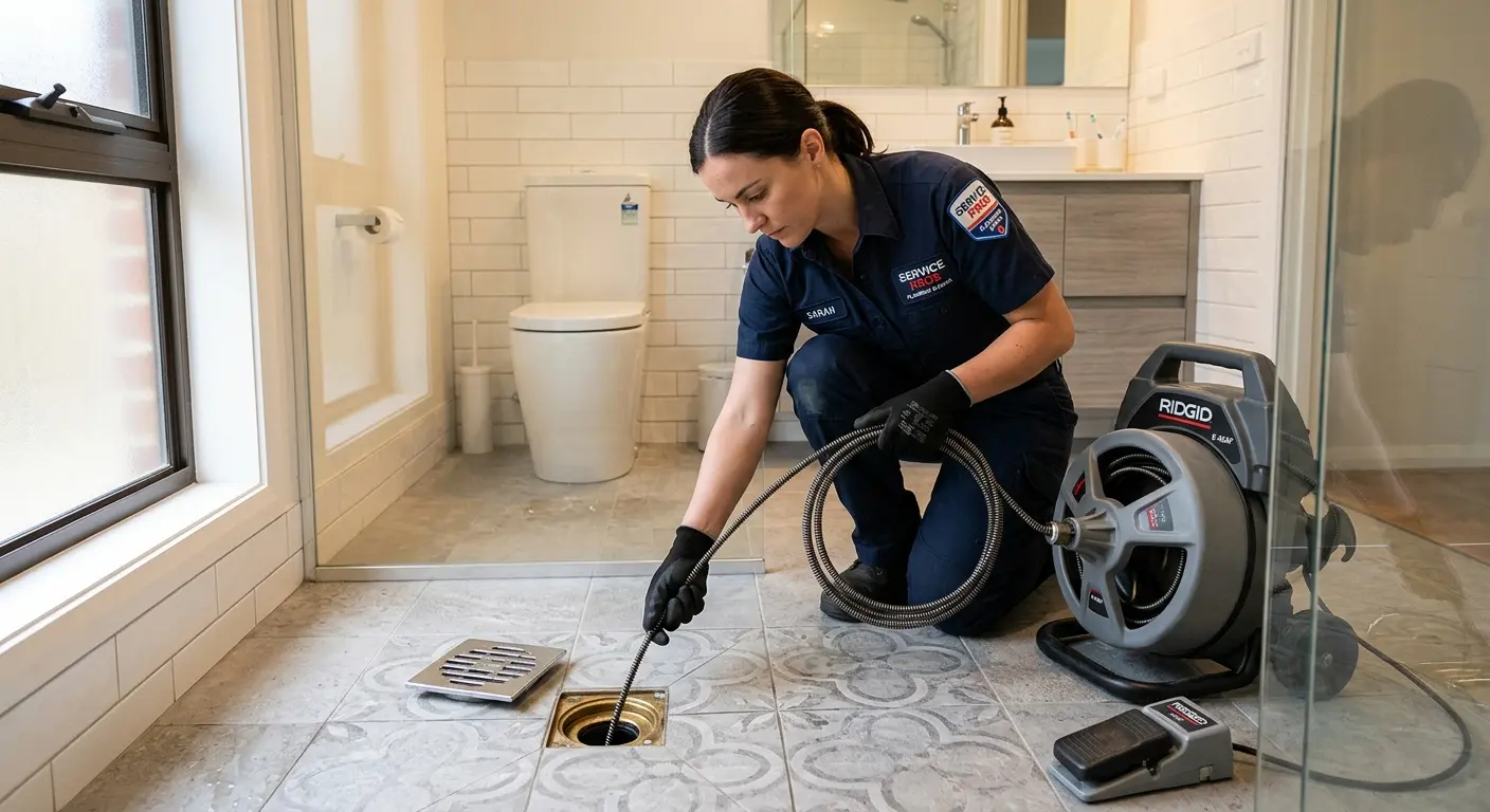 Technician clearing a bathroom floor drain for Clogged Drain Repair in Hatfield